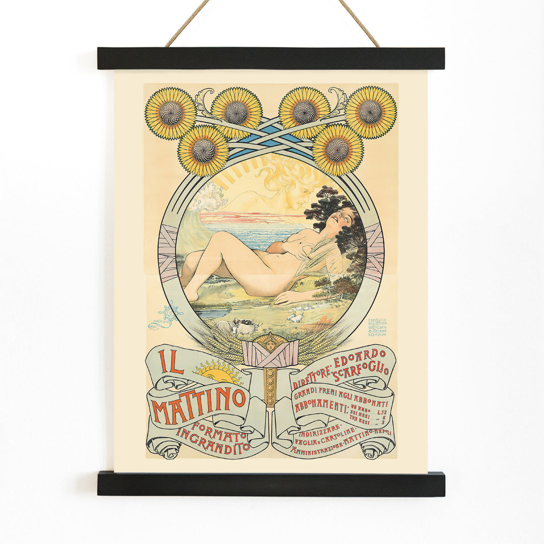 Art Nouveau poster of a reclining woman with sunflowers and pastoral landscape by Giovanni Mataloni II Mattino perfect for art lovers, with wooden magnetic frame on white background