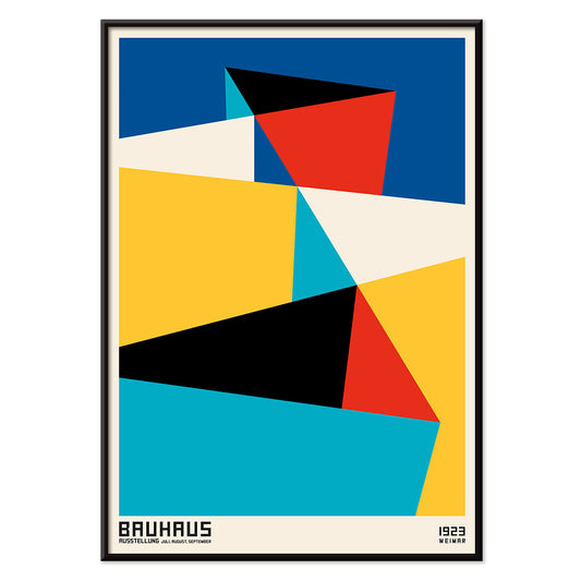 Bauhaus poster 15 by Schlemmer featuring abstract geometric shapes and geometric abstract art in primary colors, with black aluminium frame on white background