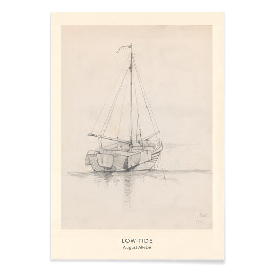 Pencil drawing poster of a sailboat at low tide on calm water artwork Low Tide by August Allebe, with black aluminium frame on white background