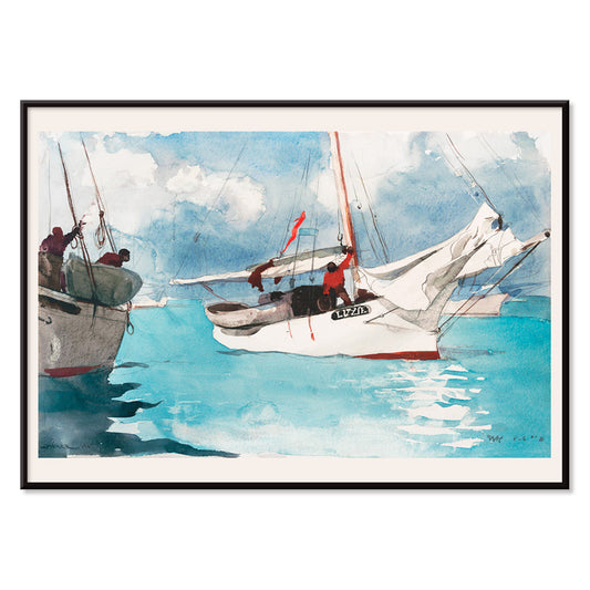 Vibrant fishing boats on turquoise blue water painted by Winslow Homer in Fishing Boats Key West perfect coastal decor poster, with black aluminium frame on white background