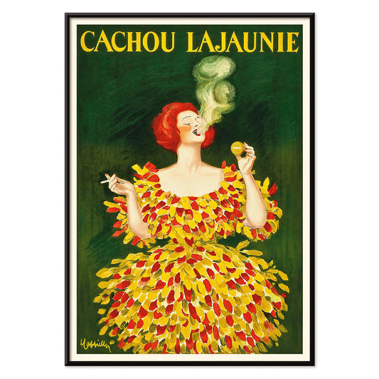 Colorful poster Cachou Lajaunie by Leonetto Cappiello featuring a woman in a vibrant dress with smoke forming a face and holding a cigarette, with black aluminium frame on white background