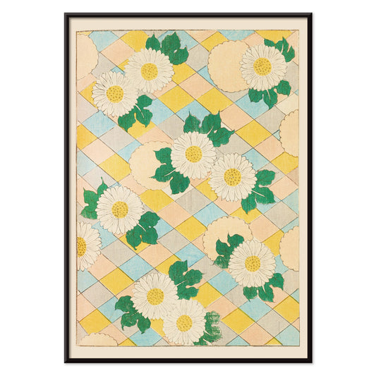 Chrysanthemum flowers and white flowers with green leaves on pastel geometric background artwork by Korin Furuya Bijutsukai Pl 218 poster, with black aluminium frame on white background