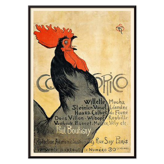 Black rooster with red comb and text promoting Cocorico by Theophile Alexandre Steinlen on yellow background illustration poster, with black aluminium frame on white background