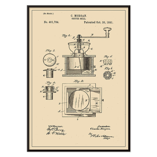 Vintage mechanical drawing and patent sketch of a coffee grinder titled Coffee Mill by C Morgan featuring detailed illustrations and technical specifications, with black aluminium frame on white background