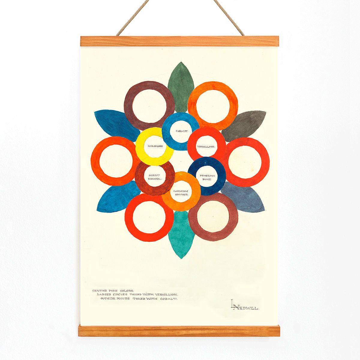 Colorful abstract flower and overlapping rings artwork Centre Pure Colors by Elizabeth A Nedwill, with wooden magnetic frame on white background