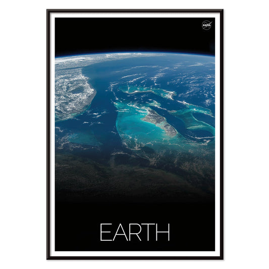Earth from Space 2 by NASA showing a stunning satellite image of blue oceans continents and clouds, with black aluminium frame on white background