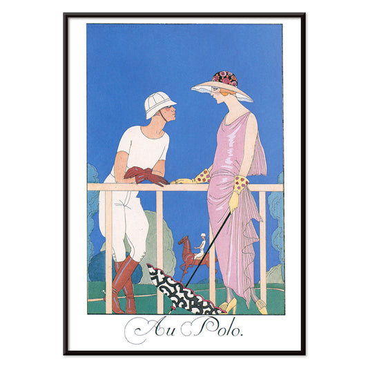 Elegant couple and elegantly dressed man and woman at a polo match fashion illustration and artwork Au Polo by George Barbier, with black aluminium frame on white background