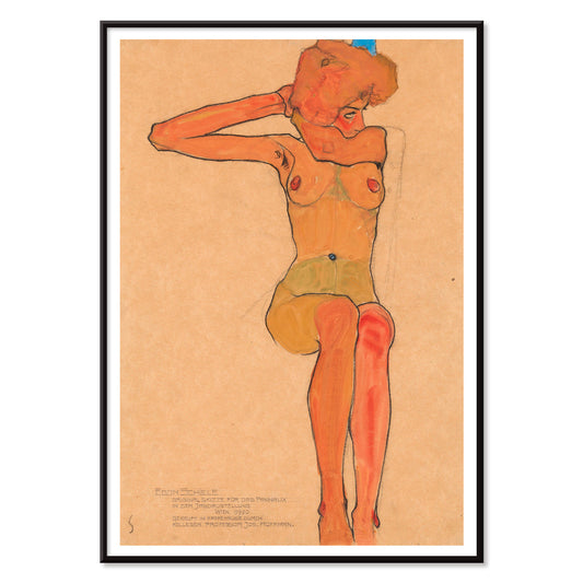 Seated female nude in expressive style Mädchenakt Gertrude by Egon Schiele poster featuring a nude figure in a seated pose with expressive lines and color, with black aluminium frame on white background