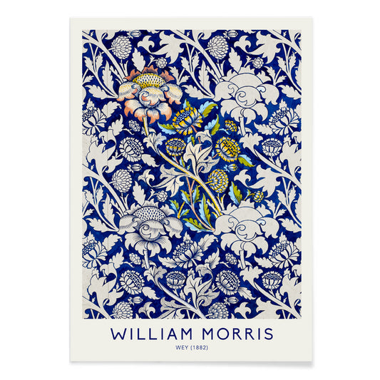 Floral fabric pattern and watercolour poster with intricate blue and white design by William Morris Wey, with black aluminium frame on white background