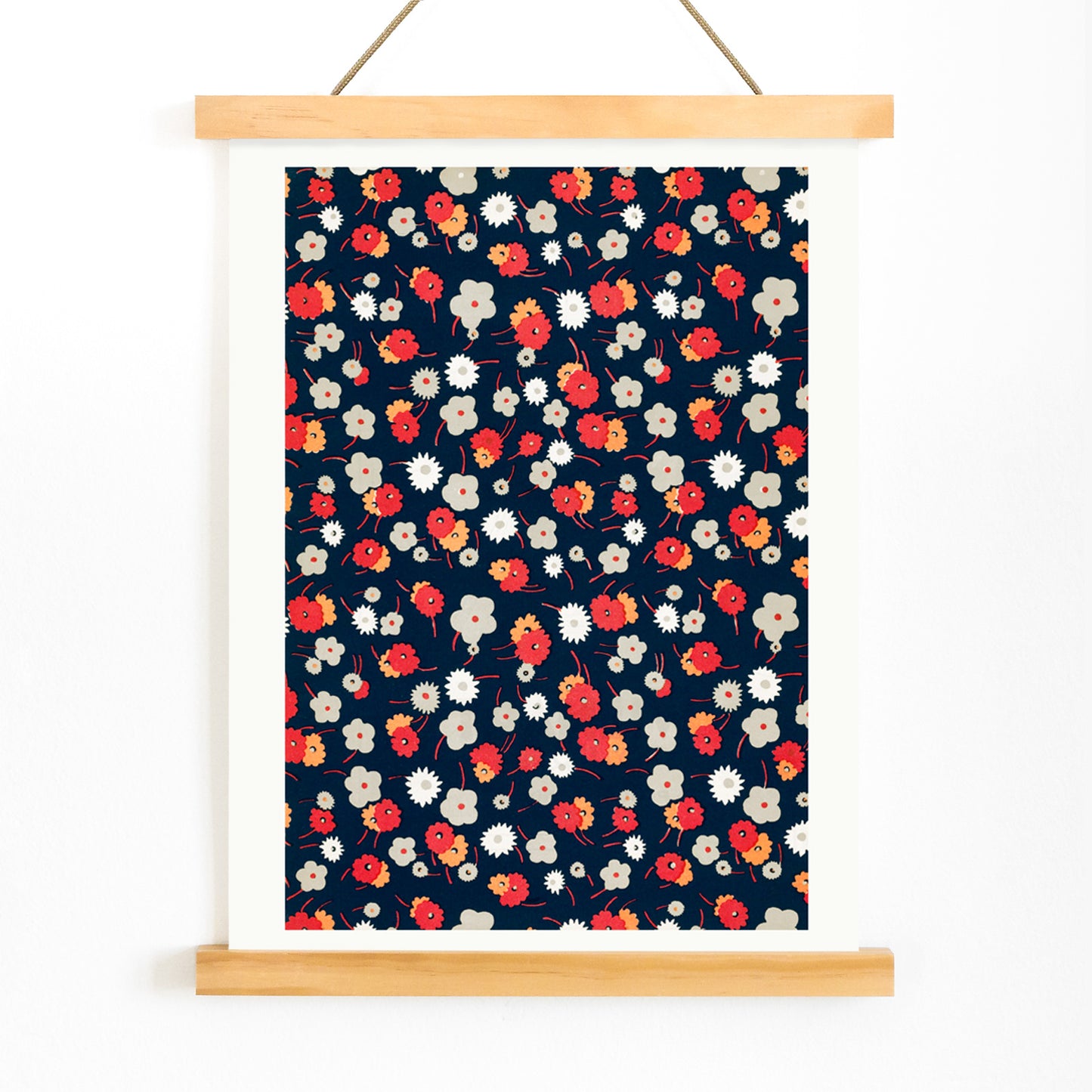Colorful floral pattern poster with white gray pink and red flowers on dark background by Charles Goy, with wooden magnetic frame on white background
