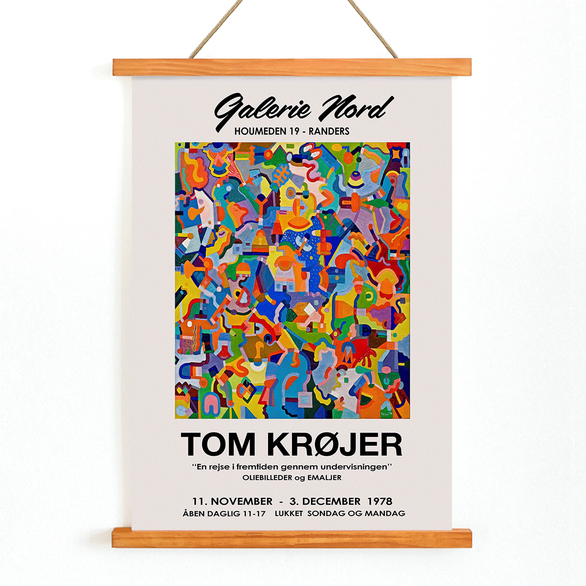 Colorful abstract artwork exhibition poster by Tom Krojer titled En rejse i fremtiden gennem undervisningen at Galerie Nord featuring bold geometric shapes, with wooden magnetic frame on white background