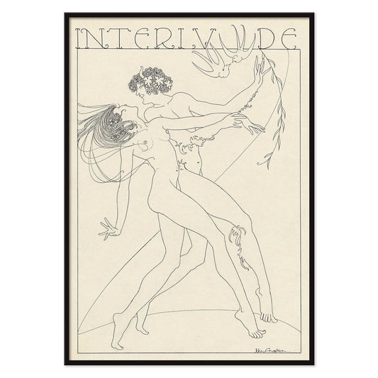 John Austen Interlude poster featuring two elegant intertwined figures in fine black line art on a warm cream background, with black aluminium frame on white background