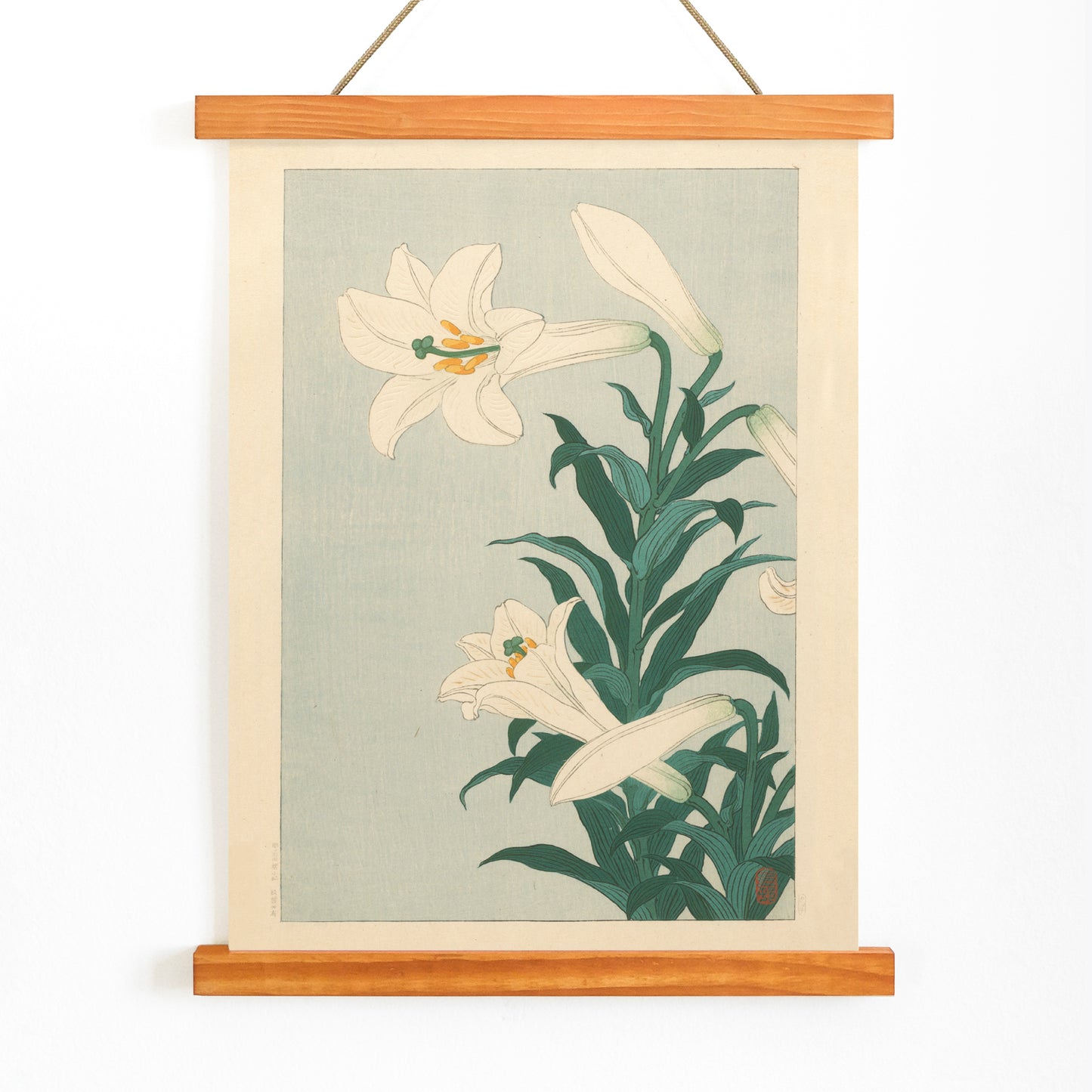White lilies floral artwork by Ohara Koson with green leaves on light blue background poster Lelies flowers, with wooden magnetic frame on white background