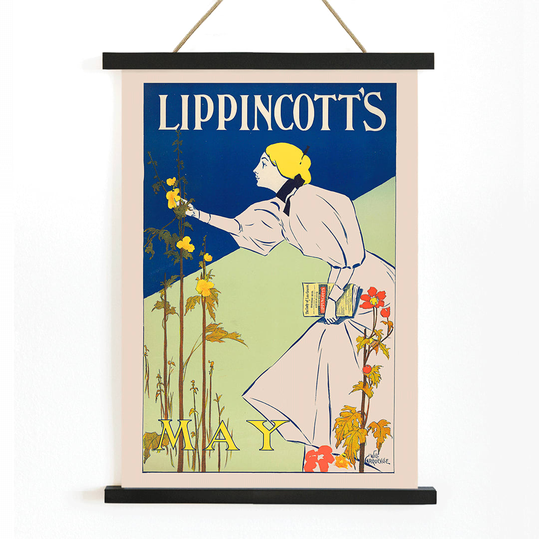 Woman in white dress picking flowers holding a book for Lippincotts May by William Carqueville illustration and poster, with wooden magnetic frame on white background