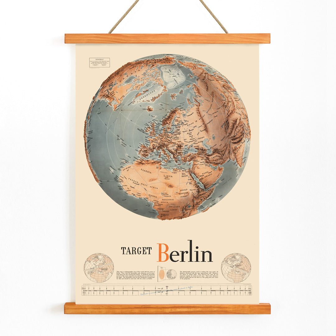 Vintage map illustration and poster of a globe centered on Europe and Africa with Target Berlin artwork Army Orientation Course by Manning FE, with wooden magnetic frame on white background