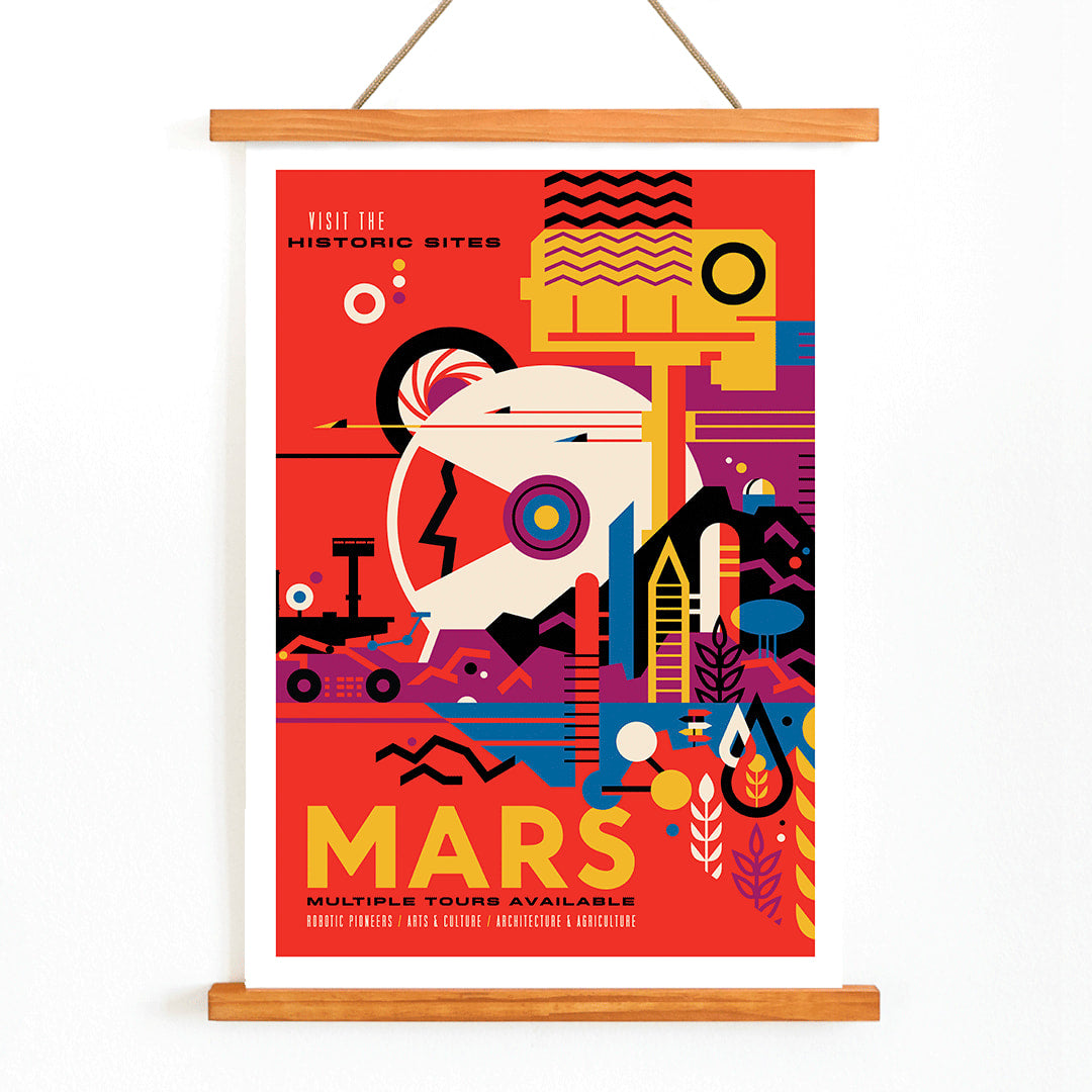 Colorful NASA Mars travel poster featuring abstract Mars landscape and rover artwork with text Mars Visit the historic sites by NASA, with wooden magnetic frame on white background
