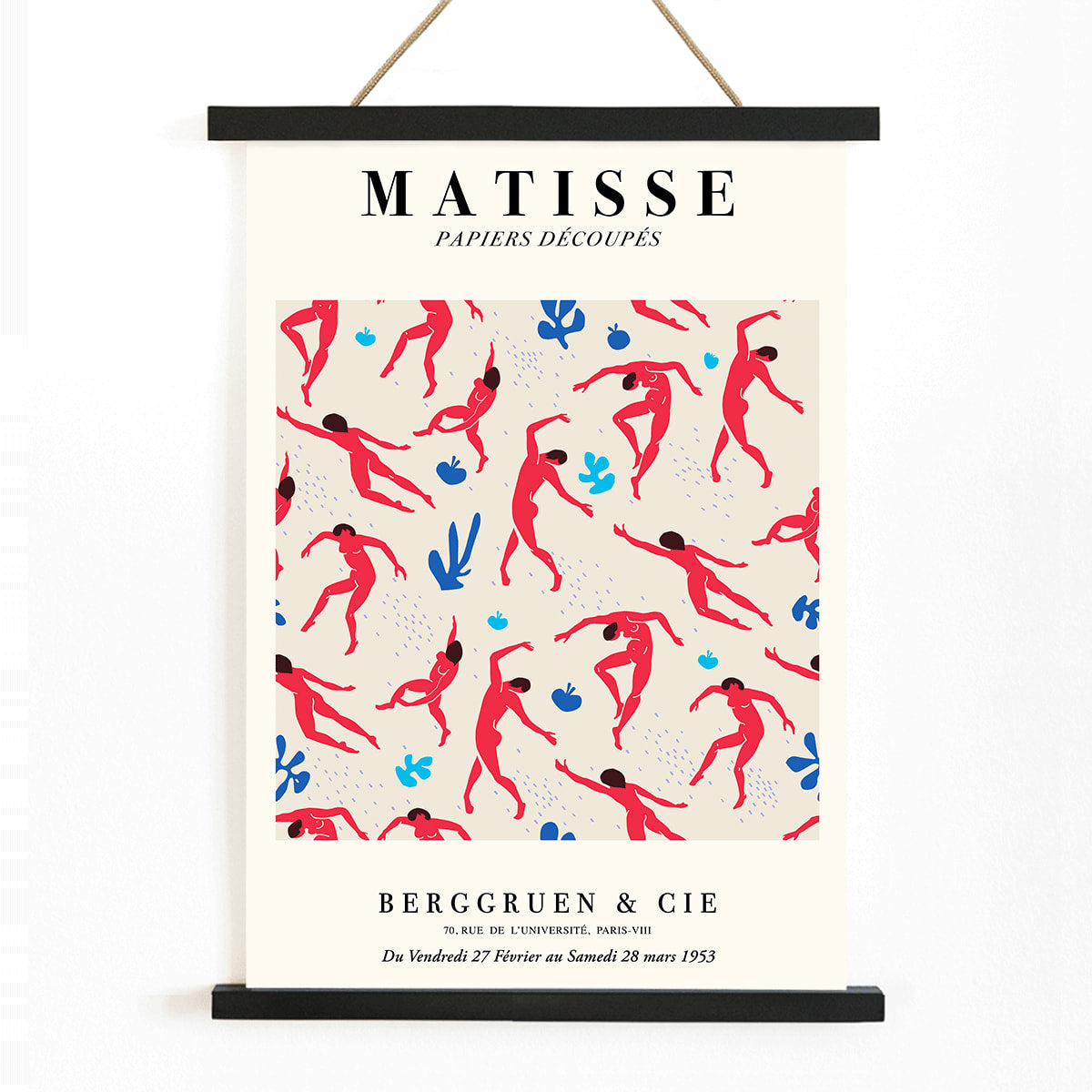 Henri Matisse Dancing Figures Exhibition Poster with vibrant red and blue design featuring red cut out figures on a patterned background with exhibition details, with wooden magnetic frame on white background