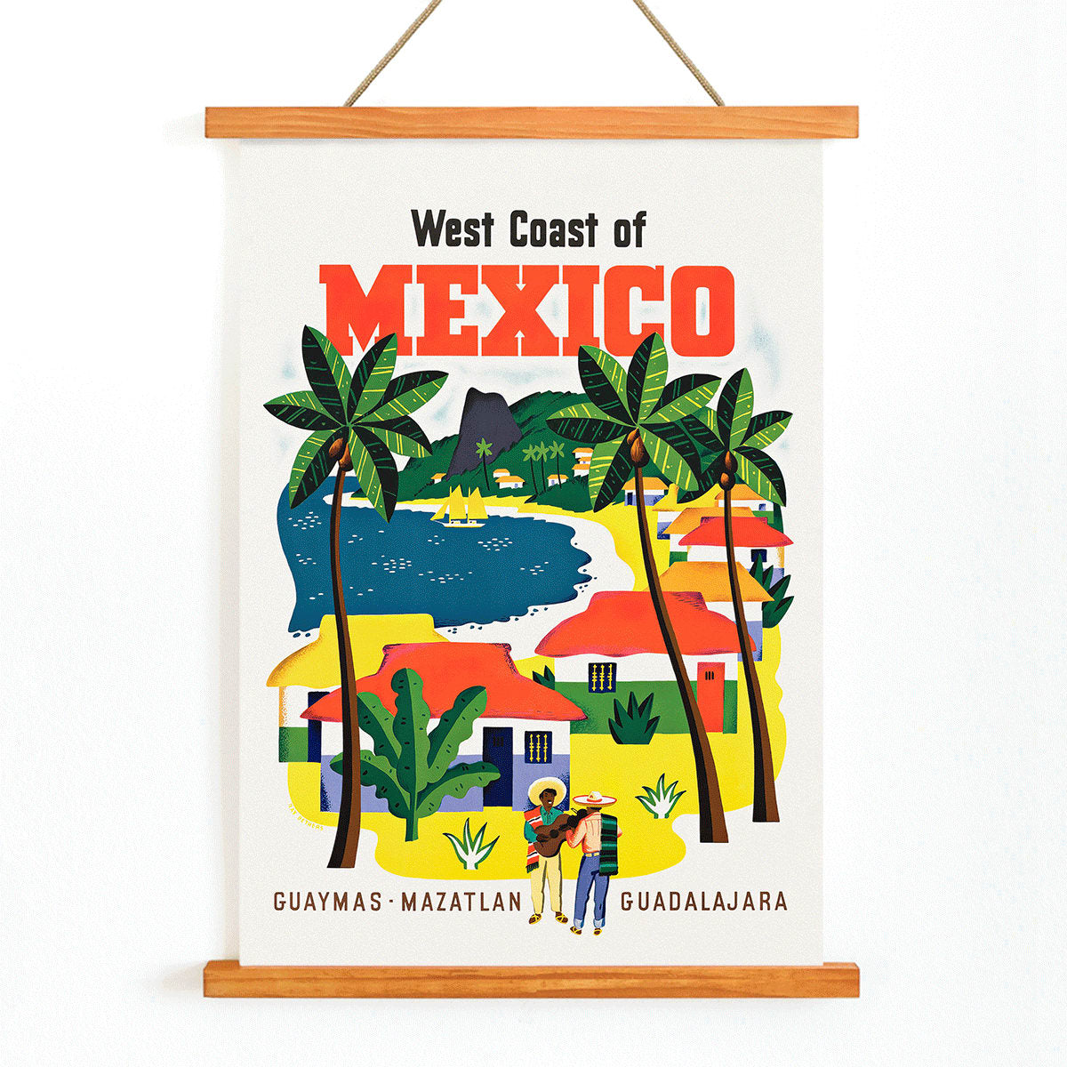 Colorful vintage travel poster of the West Coast of Mexico by Ray Bethers with palm trees and vibrant colorful houses, with wooden magnetic frame on white background