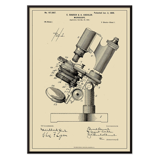 Detailed illustration and poster of microscope patent by E Bausch featuring detailed drawing titled Microscope Patent, with black aluminium frame on white background