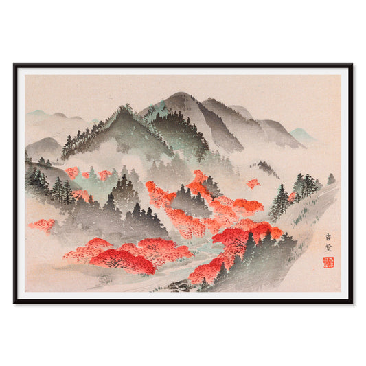 Heian meisho Japanese landscape poster with misty mountains vibrant autumn foliage and red trees in traditional painting style, with black aluminium frame on white background