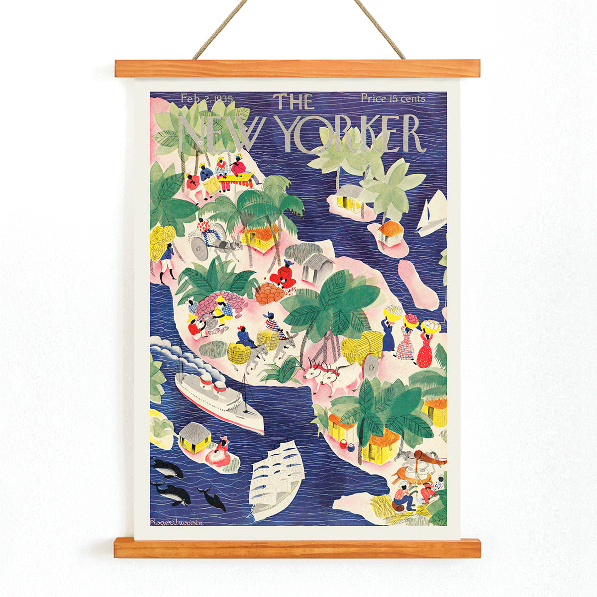 Colorful tropical island scene with people huts boats and palm trees in watercolor style illustration by Roger Duvoisin for The New Yorker, with wooden magnetic frame on white background