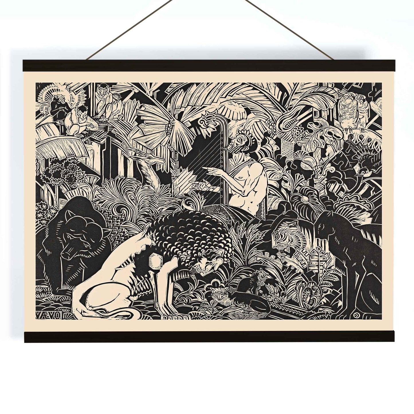 Orpheus playing harp surrounded by animals in lush jungle artwork by Henri van der Stok poster, with wooden magnetic frame on white background