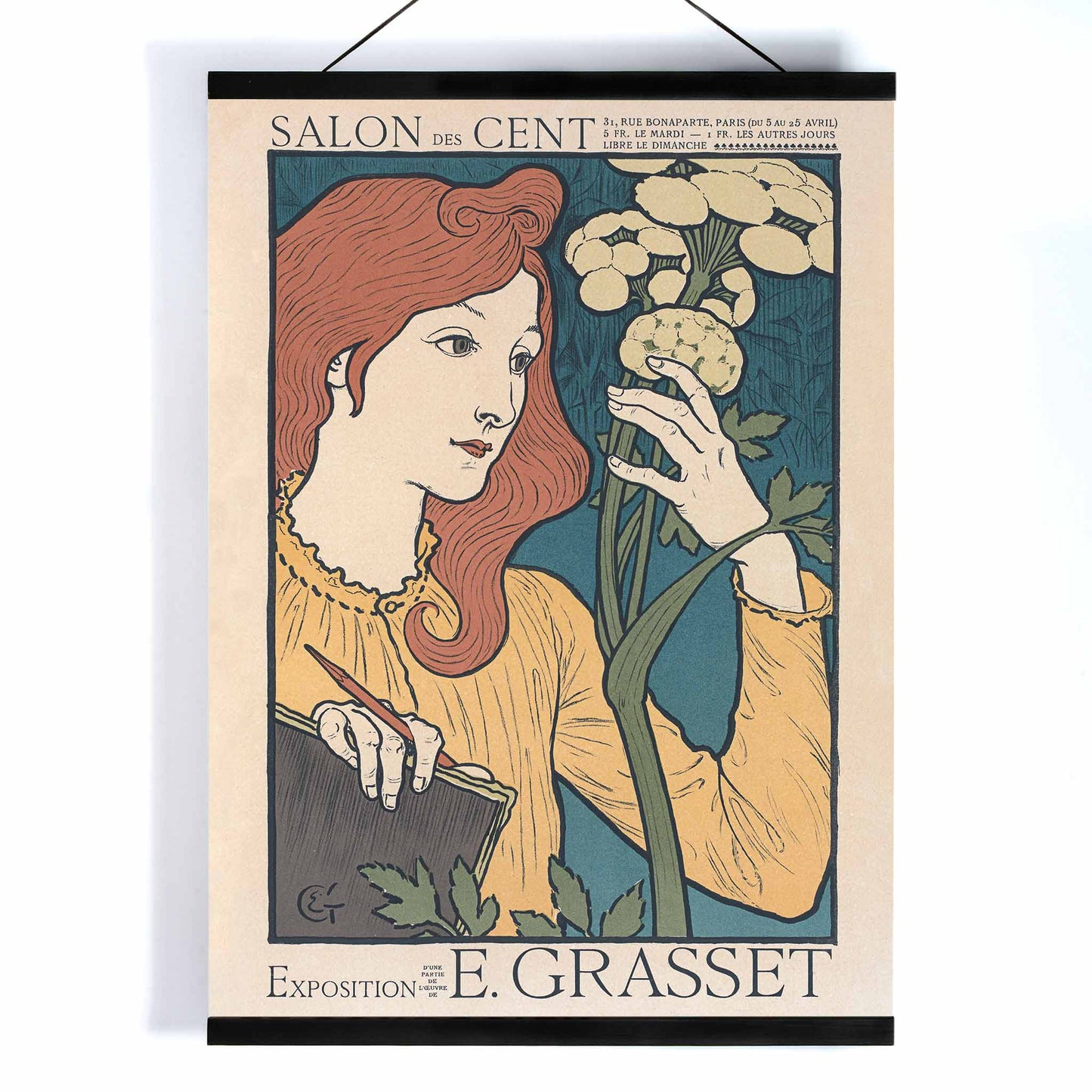Eugène Grasset Salon des Cent poster featuring a red haired woman with flowers in cream teal and yellow Art Nouveau style, with wooden magnetic frame on white background