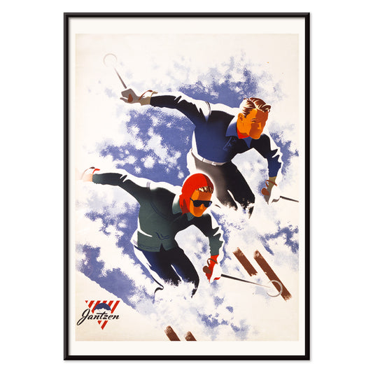 Poster of man and woman skiing down snowy slope artwork by Joseph Binder, with black aluminium frame on white background