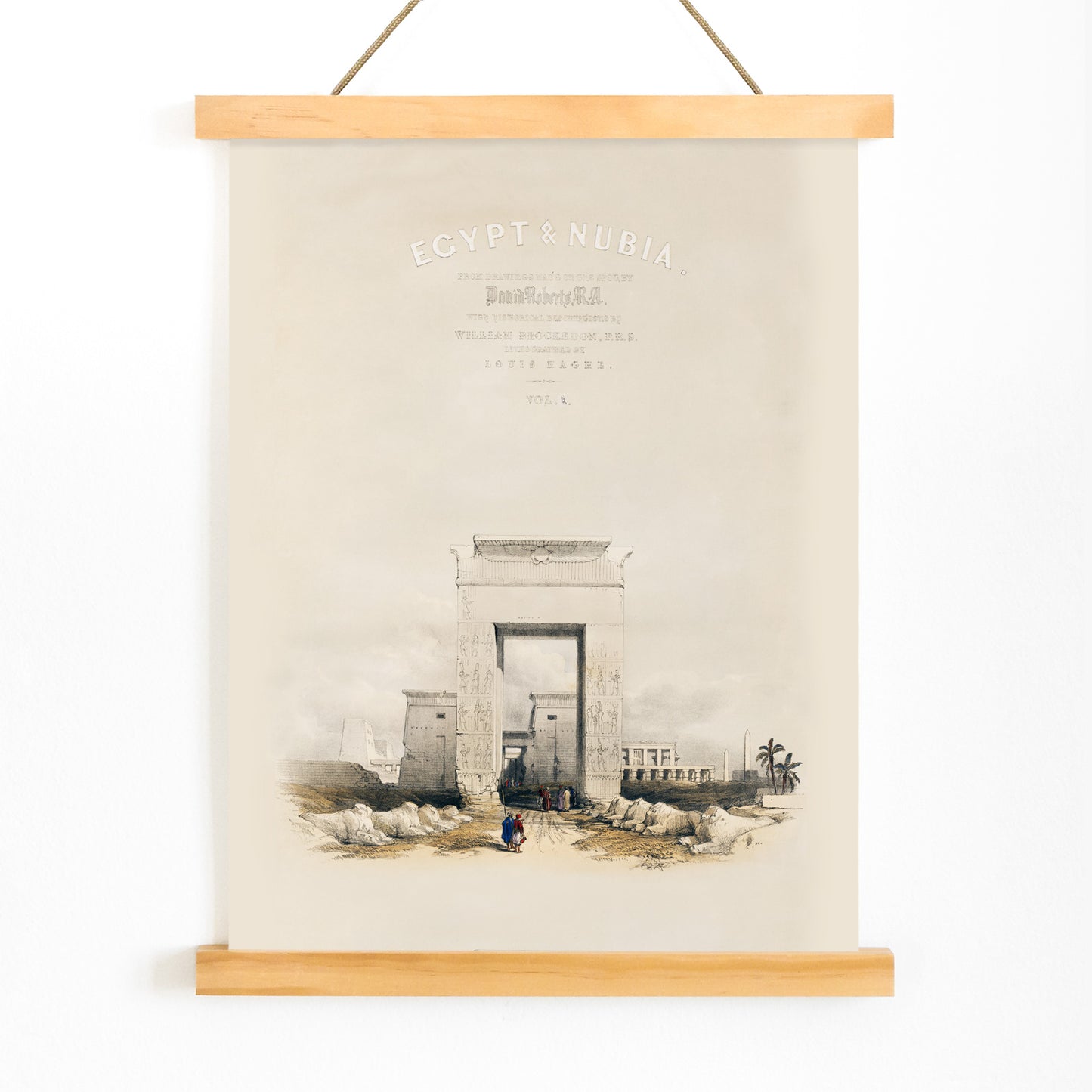 Ancient Egyptian gateway and Great gateway at Temple of Karnak Thebes with hieroglyphs people and ruins artwork by David Roberts, with wooden magnetic frame on white background