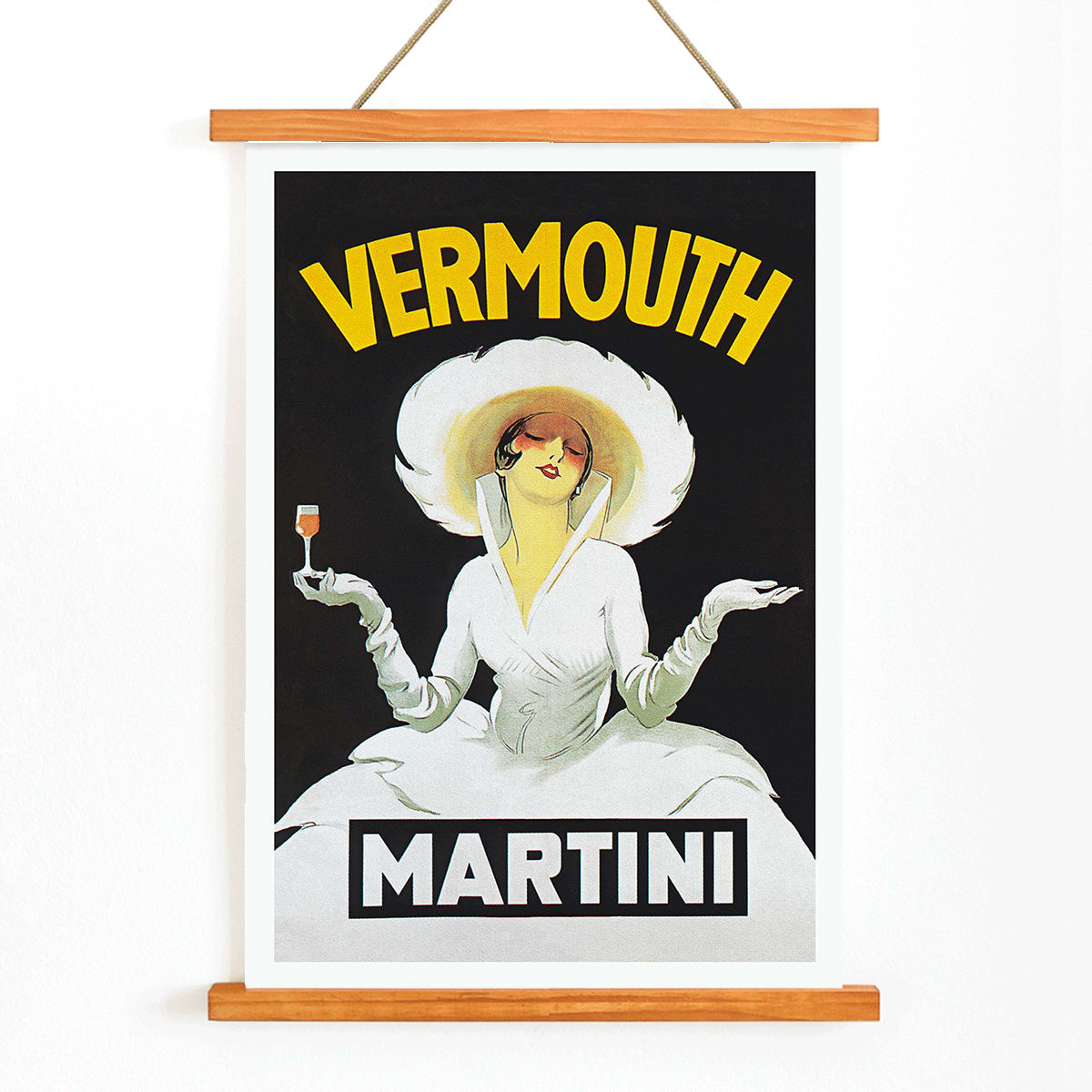 Vermouth Martini by Marcello Dudovich vintage poster art featuring an elegant woman in white holding a glass against a black background, with wooden magnetic frame on white background