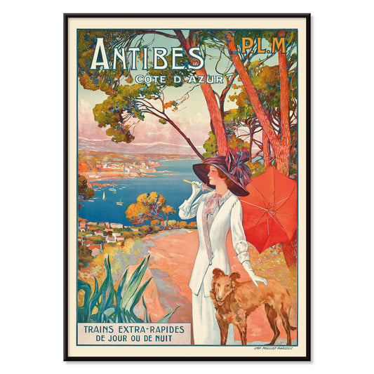 Elegant lady with dog and stylish woman with red umbrella overlooking Antibes French Riviera coastline by David Dellepiane, with black aluminium frame on white background