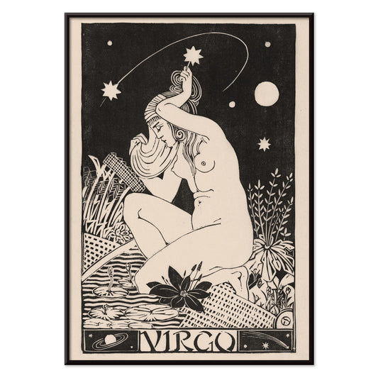 Art Nouveau poster of a nude Virgo woman with stars lilies and plants from Zodiac signs by Henri van der Stok, with black aluminium frame on white background