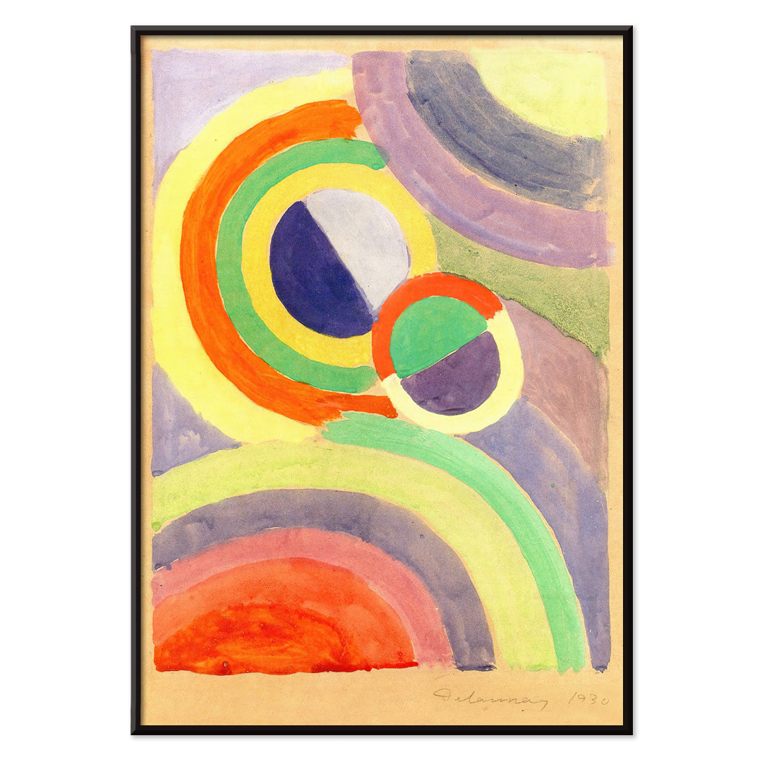 Abstract colorful circular forms and geometric shapes painting by Robert Delaunay titled Composition poster for wall decor, with black aluminium frame on white background