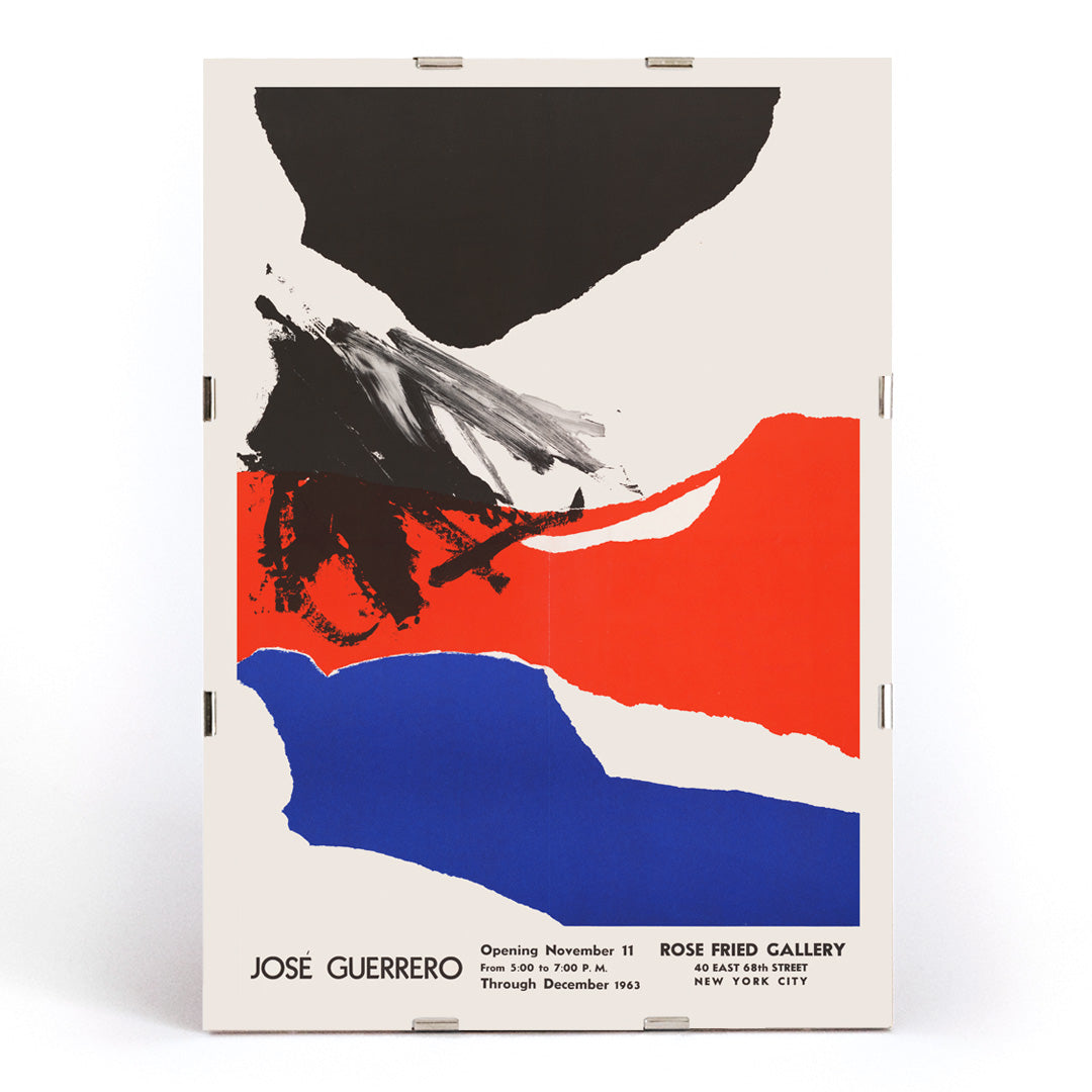 Abstract painting and poster featuring bold black red and blue brushstrokes and shapes by Jose Guerrero at Rose Fried Gallery New York, framed and displayed in modern living room decor
