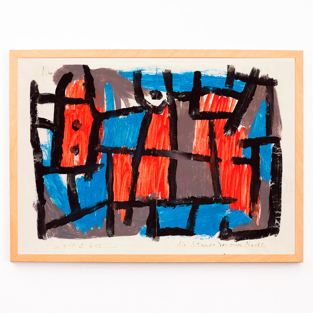 Closeup detail of Abstract geometric poster with bold black lines and vibrant red and blue shapes inspired by The Hour Before One Night by Paul Klee