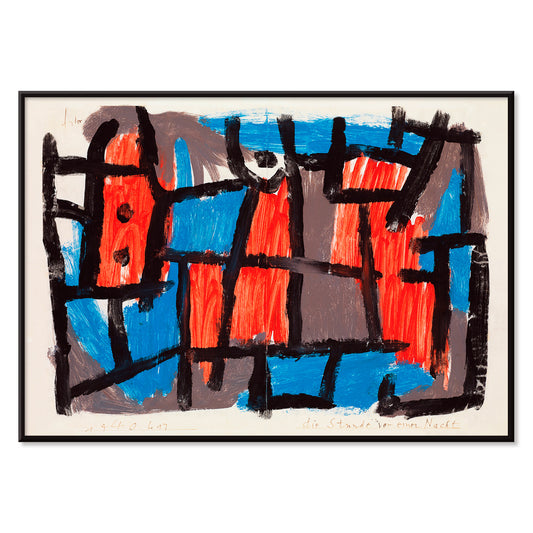 Abstract geometric poster with bold black lines and vibrant red and blue shapes inspired by The Hour Before One Night by Paul Klee, with black aluminium frame on white background