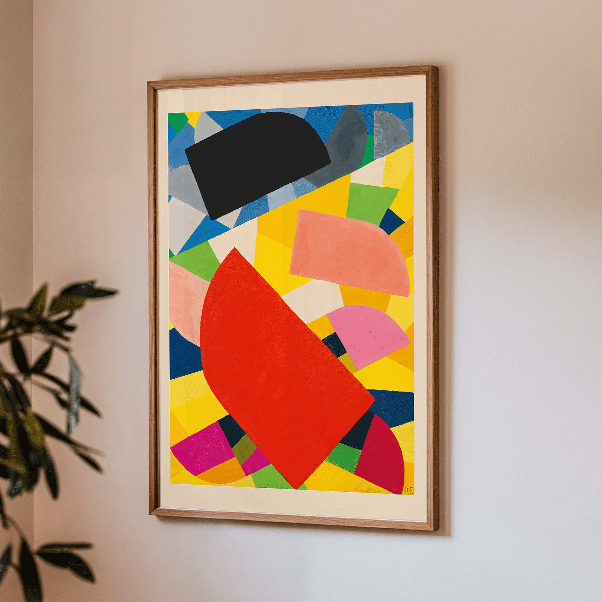 Abstract geometric poster Komposition by Otto Freundlich featuring bold colorful shapes on vibrant yellow background, framed and displayed in modern living room decor