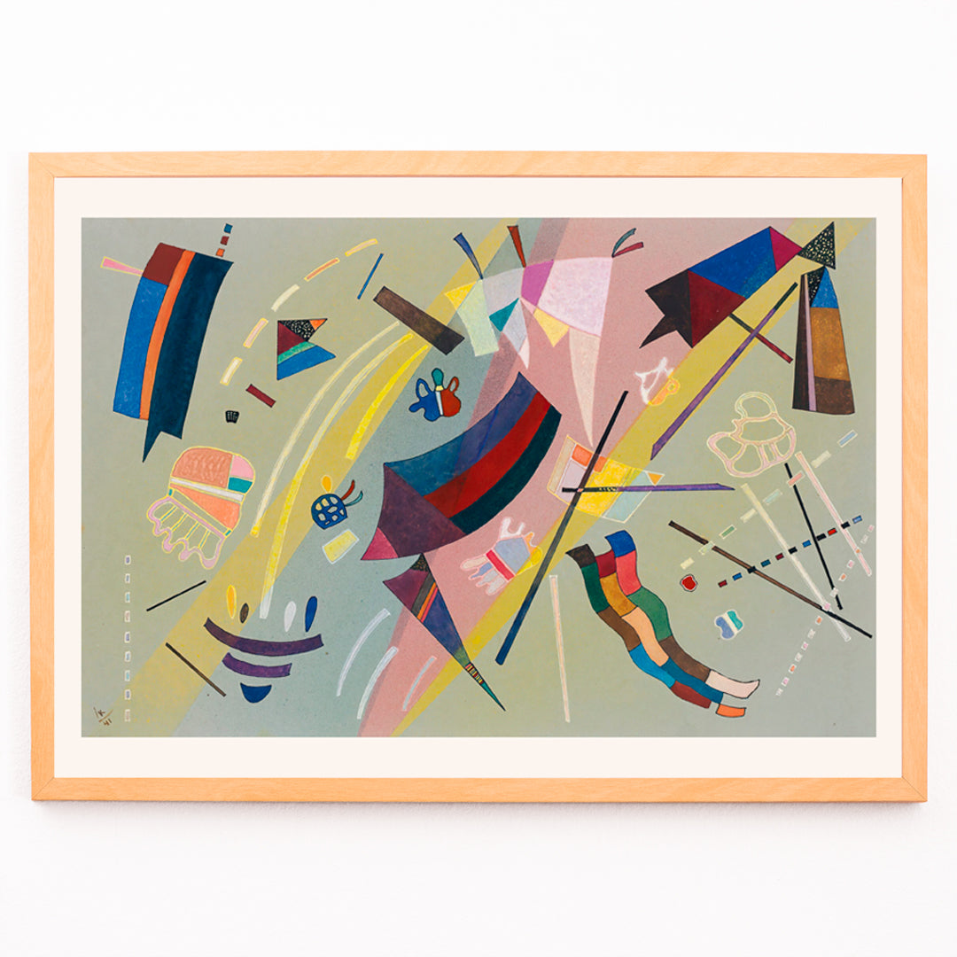 Closeup detail of Abstract geometric shapes and vibrant colors inspired by Sans Titre by Wassily Kandinsky modern wall art decor poster