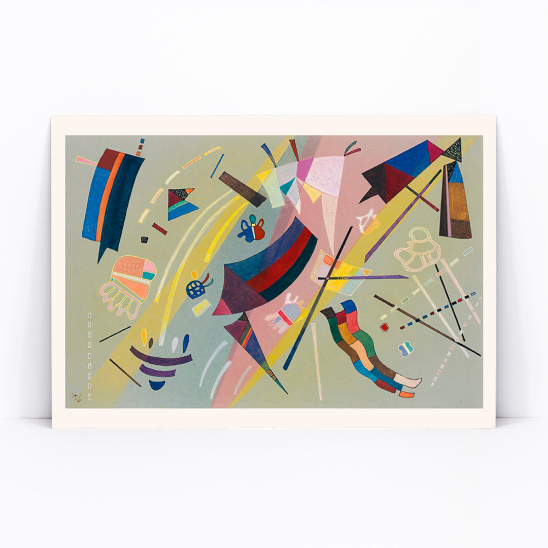 Abstract geometric shapes and vibrant colors inspired by Sans Titre by Wassily Kandinsky modern wall art decor poster, framed and displayed in modern living room decor