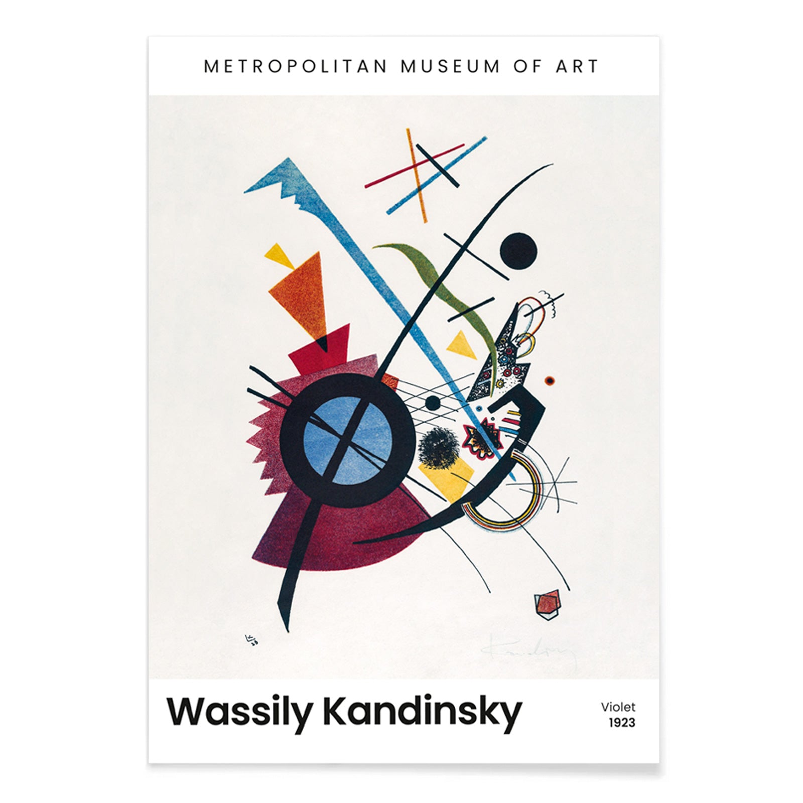 Abstract geometric art print with vibrant colors and shapes Violet by Wassily Kandinsky, with black aluminium frame on white background