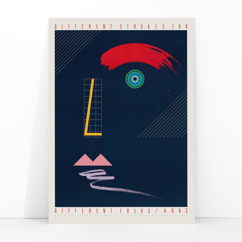 Abstract geometric face artwork poster with bold colors and modern shapes Different Strokes for Different Folks by McRay Magleby, framed and displayed in modern living room decor