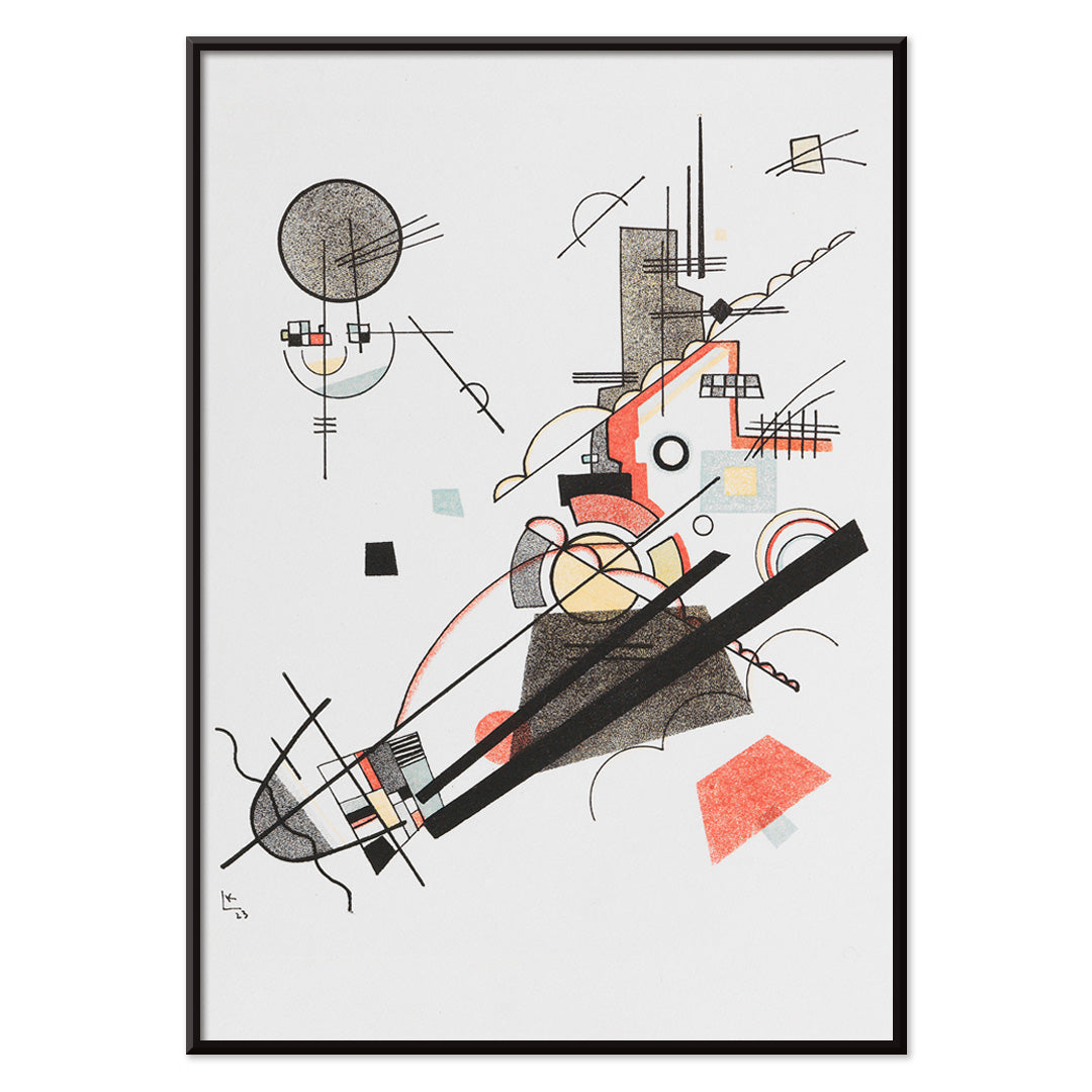 Abstract geometric art poster with intersecting lines and shapes in black red and yellow Fröhlicher Aufstieg by Wassily Kandinsky, with black aluminium frame on white background
