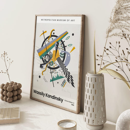 Abstract geometric poster with bold shapes and lines by Wassily Kandinsky from Kleine Welten IV Small Worlds IV, framed and displayed in home decor