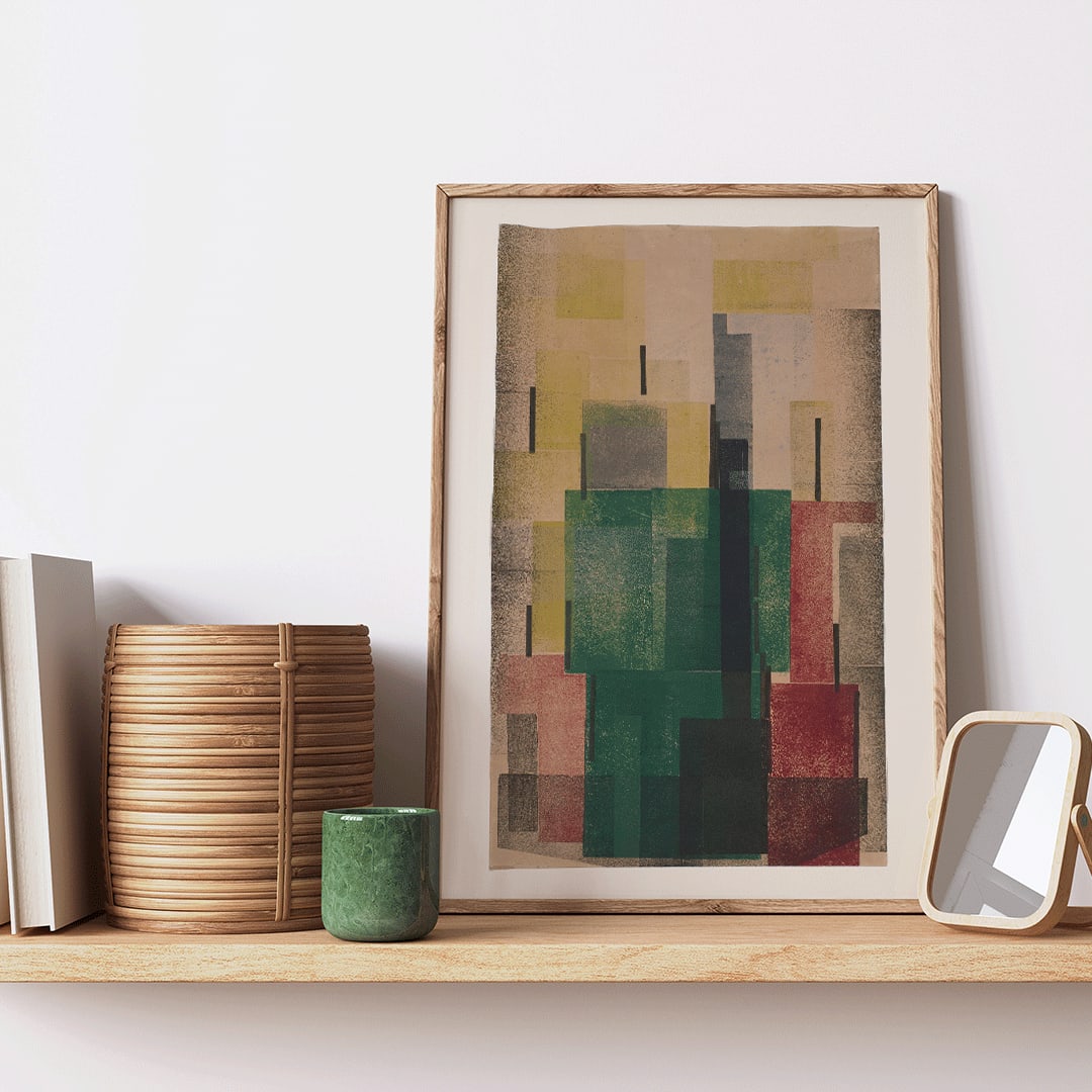 Abstract geometric poster with overlapping green red and yellow rectangular shapes by Hendrik Nicolaas Werkman titled Rectangular Surfaces, framed and displayed in home decor