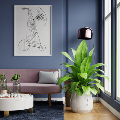 Abstract black geometric line art on white by Wassily Kandinsky Ohne Titel modern wall decor poster, framed and displayed in home decor