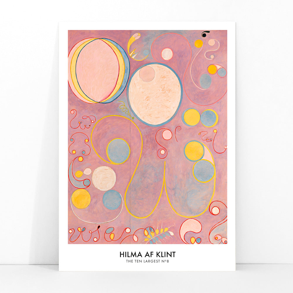 Abstract colorful swirls and pastel shapes on pink background painting and poster from The Ten Largest Adulthood by Hilma AF Klint, framed and displayed in modern living room decor