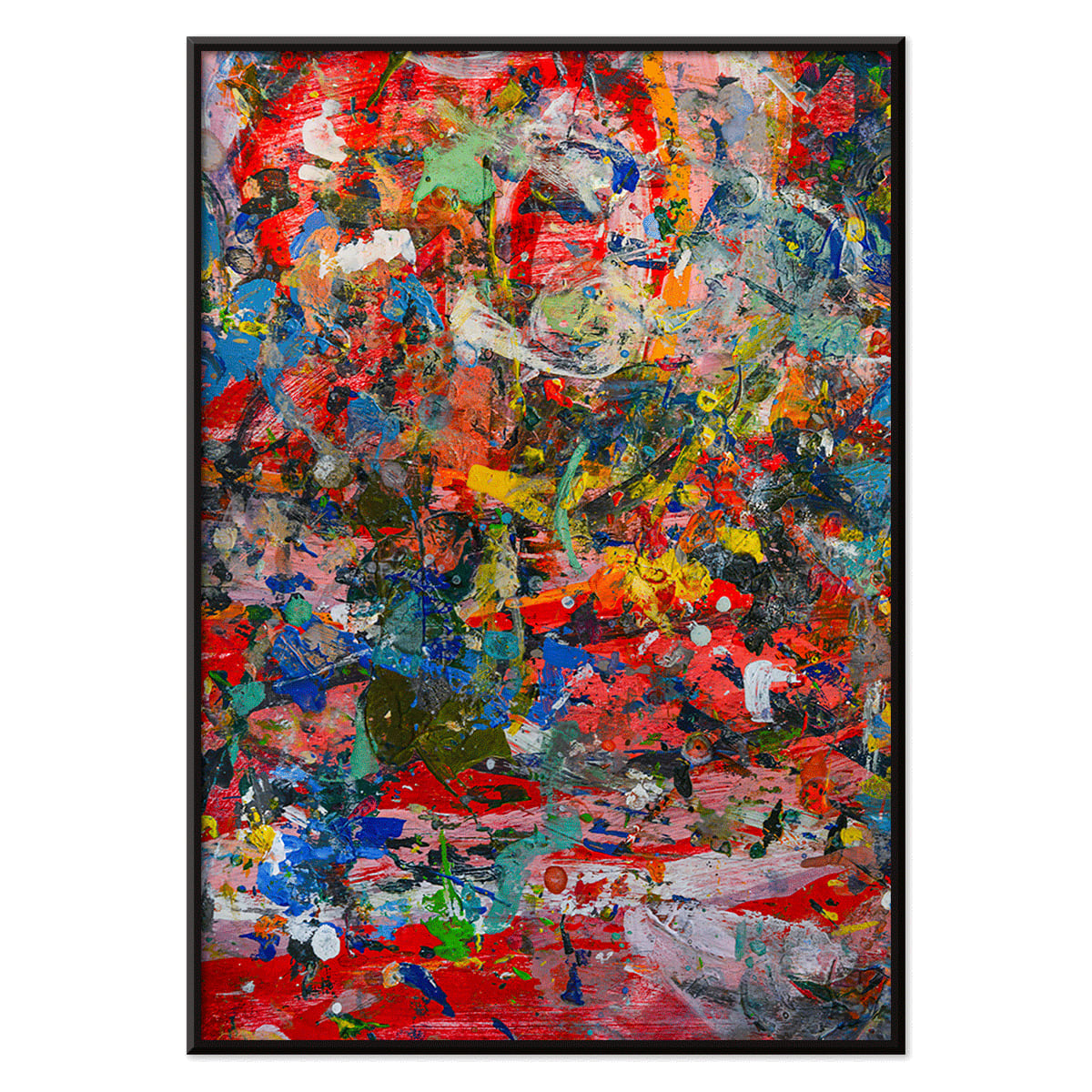 Colorful abstract artwork and poster featuring intricate patterns and textures in Abstract Patchwork 2 by Anonymous, with black aluminium frame on white background