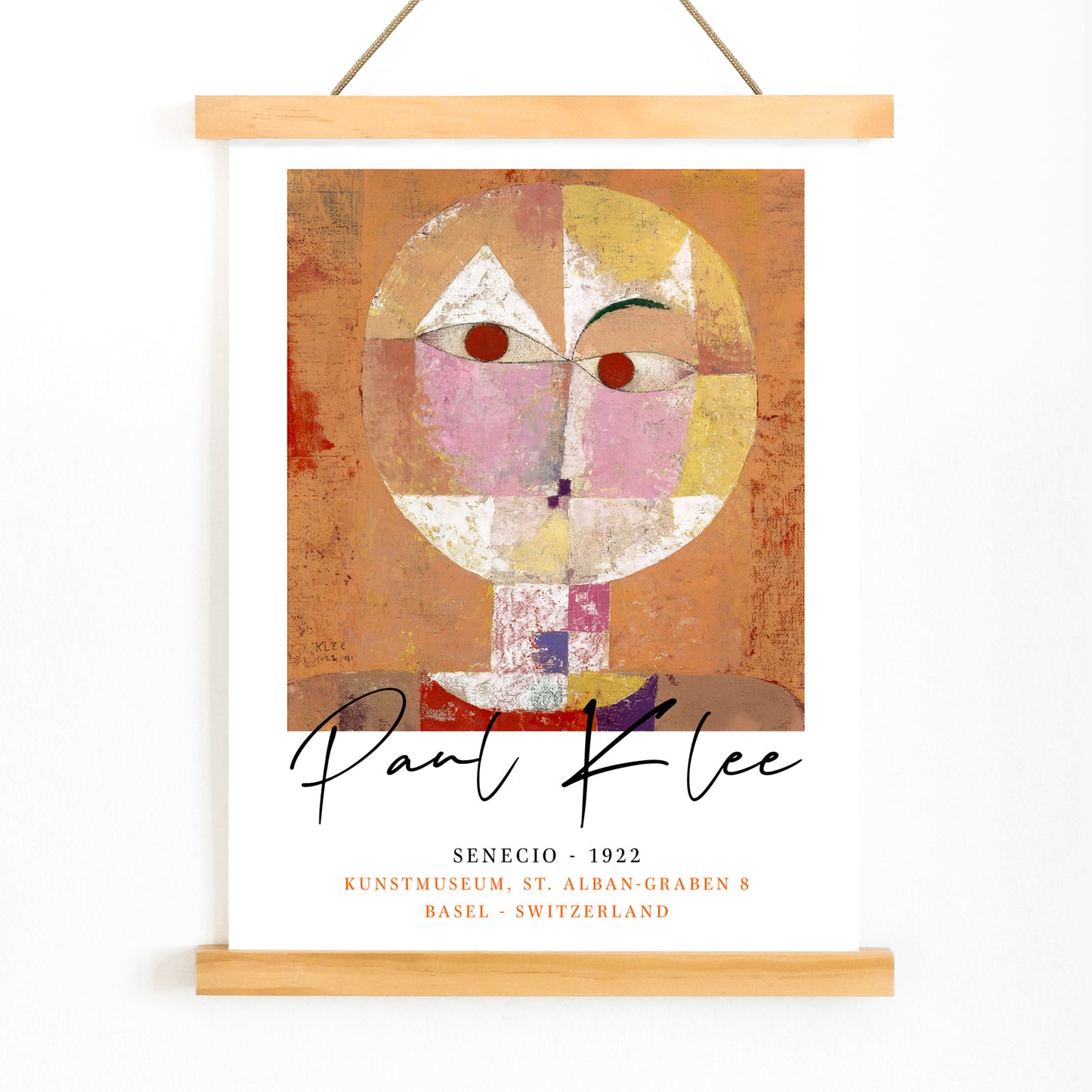 Abstract geometric portrait Senecio by Paul Klee with warm colors and geometric shapes on orange background poster, with wooden magnetic frame on white background