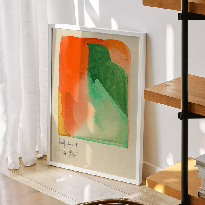 Abstract watercolor painting with vibrant orange and green shapes titled Farbstudien 10 Blätter I by Wassily Kandinsky and Paul Klee, framed and displayed in modern living room decor