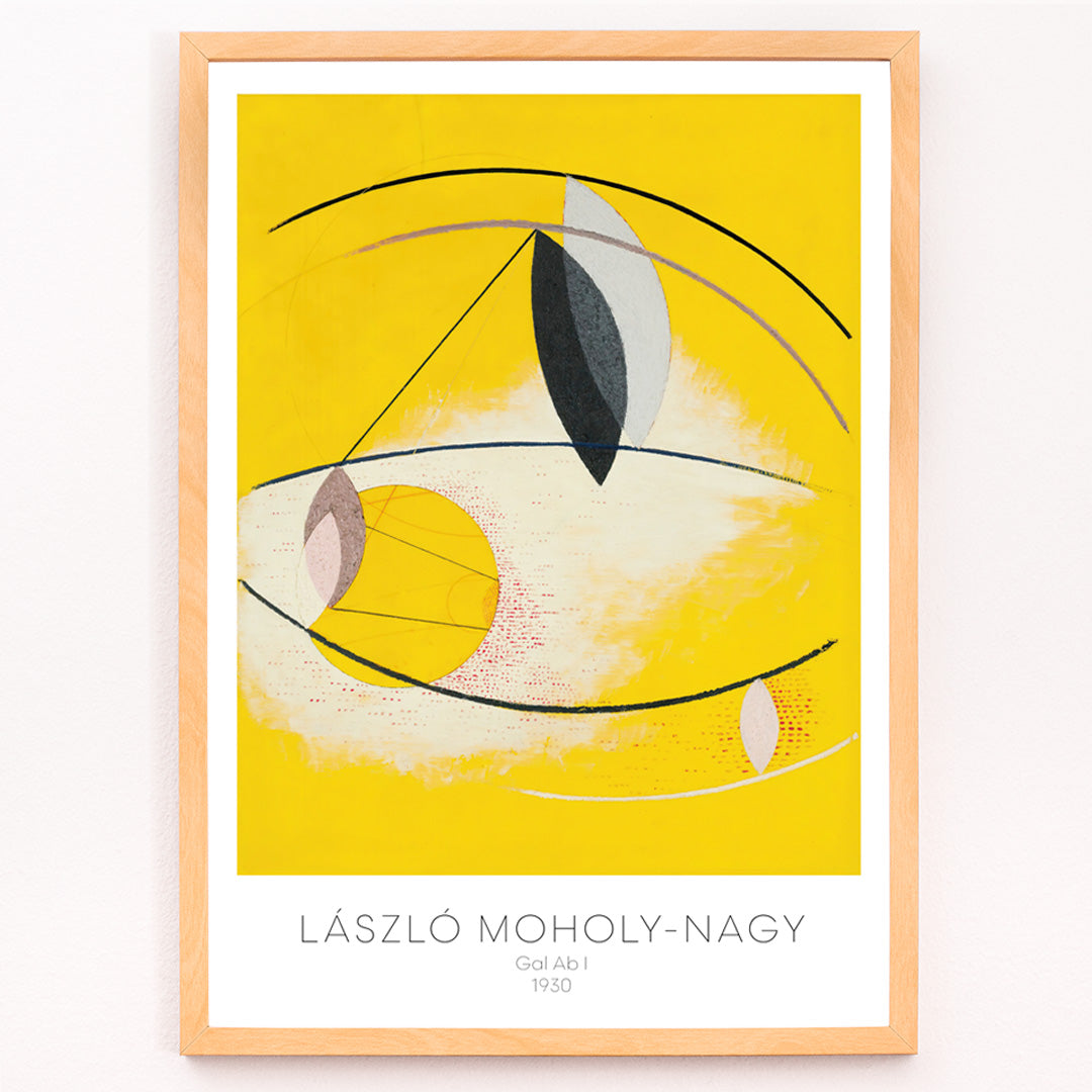Closeup detail of Abstract geometric yellow and white shapes with curved lines artwork Gal Ab I by Laszlo Moholy Nagy poster for wall decor